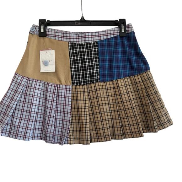 Forever 21 Patchwork Plaid Pleated Mini Skirt M Y2K Grunge Preppy Academia 90s - Picture 2 of 5